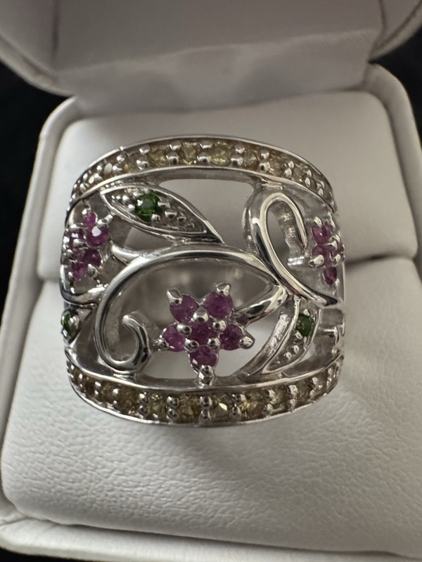 Sterling Silver Yellow/Pink Sapphire & Green Garnet Wide Floral Band Ring Size 9
