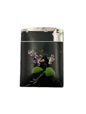 Vintage Ronson Lighter Cigarette Case Combo Black Purple Flower Enamel Chrome