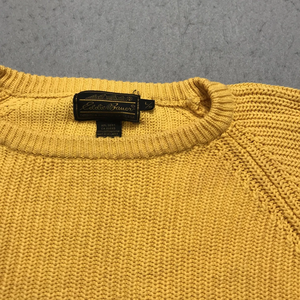 Sudadera DE COLECCIÓN Eddie Bauer Adulto Grande Amarilla Acanalada Pescador Cuello Redondo Años 90 Foto 3 de 4