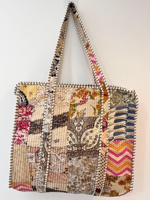 Handmade Kantha Patchwork Quilted Tote Bag Boho Cotton Shoulder Carryall