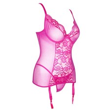 Sz L Vintage Y2K Escante Fuchsia Pink Lace Garter Top  Thong Set Deadstock NWT