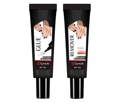 CurvLife Semi-Solid Nail Glue 10g Quick Dry & 10ml Remover Kit w/Cuticle Pusher