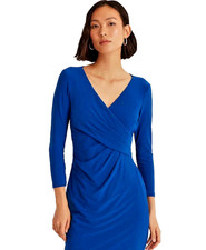 Lauren by Ralph Lauren Sheath Dress Royal Blue 3/4 Sleeve Ruched Lined SIZE 4