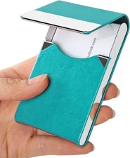 JuneLsy Professional PU Leather Business Card Holder Case Metal S-Light blue 