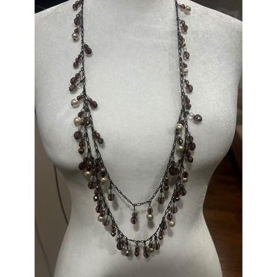 aeo Plum Glass Bead Faux Pearl Multi Strand Tiered Necklace  Boho