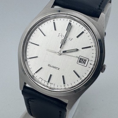 VTG Pulsar Quartz Watch Y562-8109 Men Silver Steel Leather Date Analog New Batte