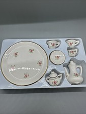 Porcelain Mini Tea Coffee 10 PC Service Set Doll Play Toy Gold Trim Pink Floral