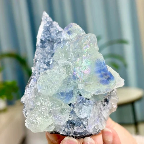 362G Rare transparent rainbow-blue cubic fluorite mineral crystal sample/China