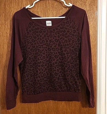 Women's PINK Victoria Secret Maroon Shirt Long Sleeve Leopard Print Size Small