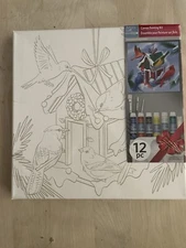 Artist Loft Canvas Painting Kit 12 Pc Winter Holiday Birds Decorating Birdhouse