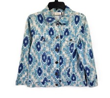 CHICO'S Linen blend Aqua blue Ikat print women's Jacket Size 1 - US 8
