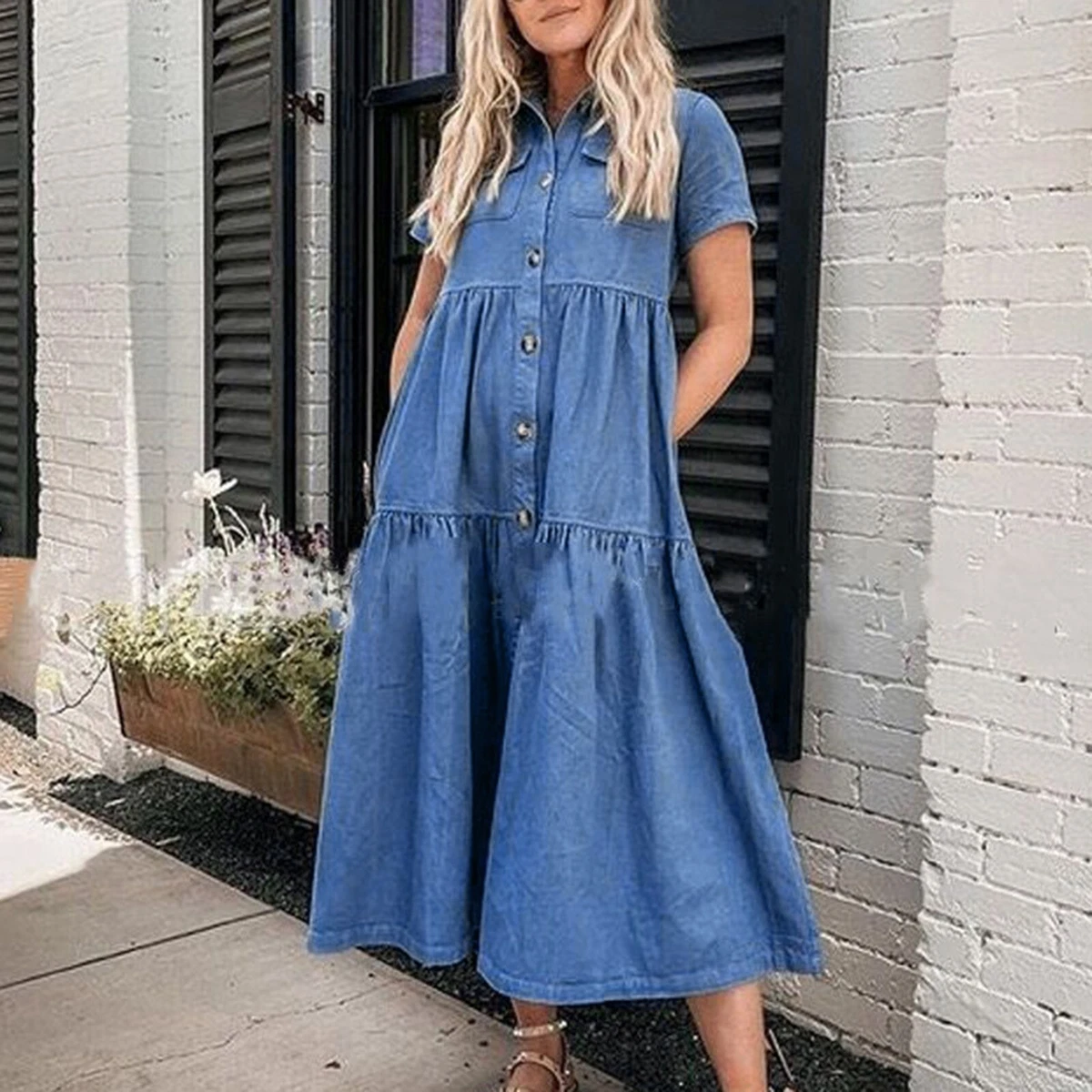 Shirt Dress Summer Casual Denim Dress for Womens Stitching Ruffled Hem  Dresses Indie Fashion A-Line Solid Vestidos Oversize New - AliExpress