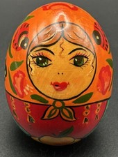 Vintage Russian Hand Carved And Hand Painted  Wooden Egg