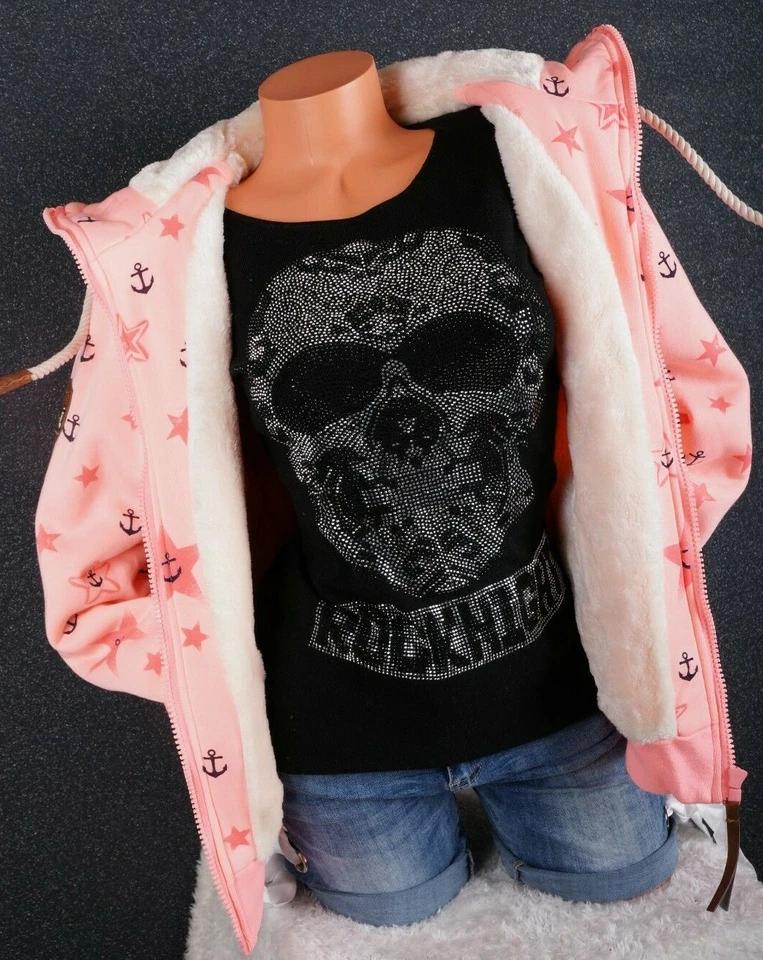 Damen Sweat Jacke Kapuze Hoodie Teddyfell gefüttert Sterne Anker M L XL 2XL 3XL - Bild 3 von 4