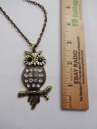 Owl Necklace Antiqued Gold-Tone Clear Rhinestones 28 Inch Cable Chain Slip On - Picture 4 of 6