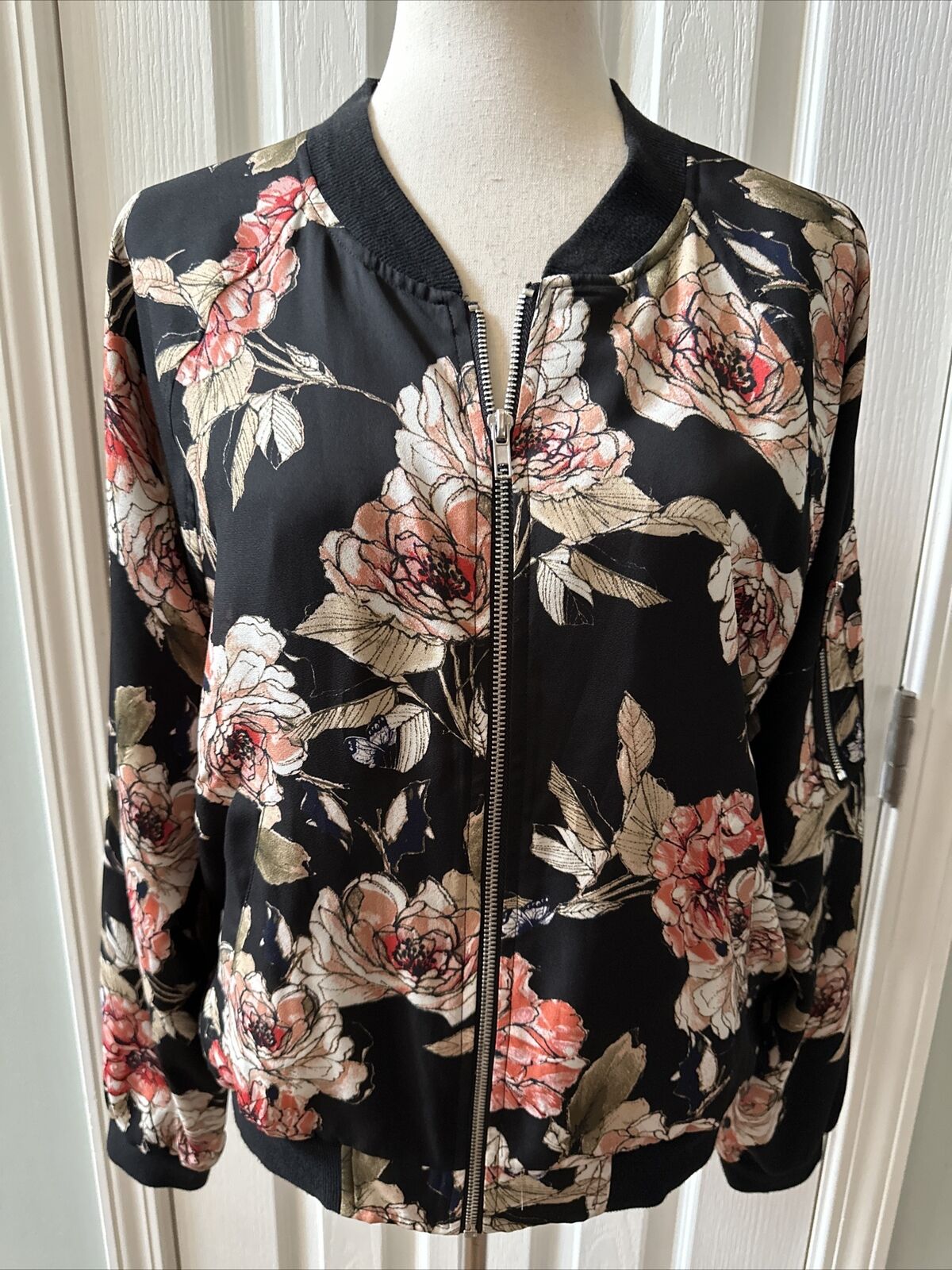 Sanctuary Womens Bomber Jacket Large Black Peach Floral Polyester Zip Lined