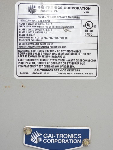 GAI TRONICS HUBBELL 751-001 SPEAKER PLANT PAGING AMPLIFIER PAGE PARTY 120VAC - 第 3/8 張圖片