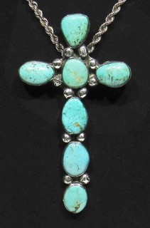 HUGE OLD Signed Navajo 925 Silver Natural Cripple Creek Turquoise Cross Pendant
