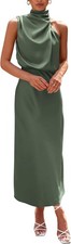 Women s Elegant Satin Maxi Dress Sleeveless Mock Neck Summer Cocktail Party