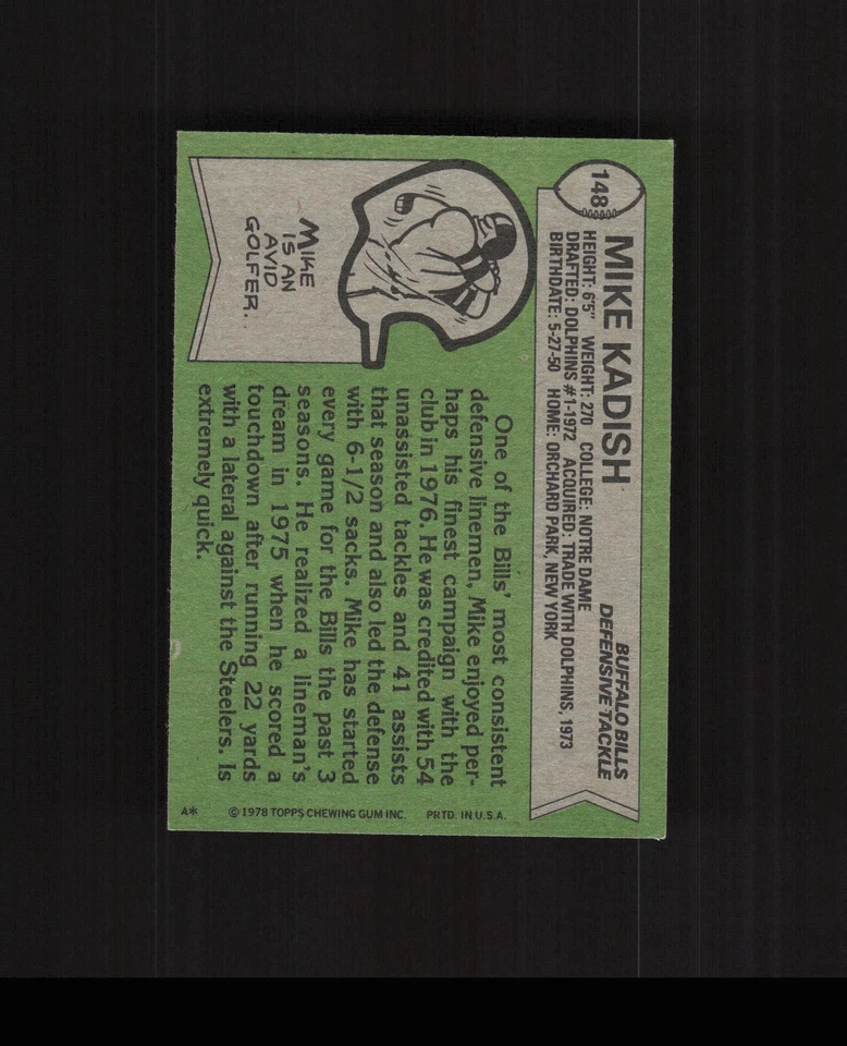 1978 Topps #148 Mike Kadish Football Card Buffalo Bills - Image 2 of 2