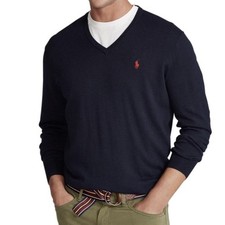 Polo Ralph Lauren Sweater Mens Large Blue Pima Cotton V Neck Long Sleeve Preppy