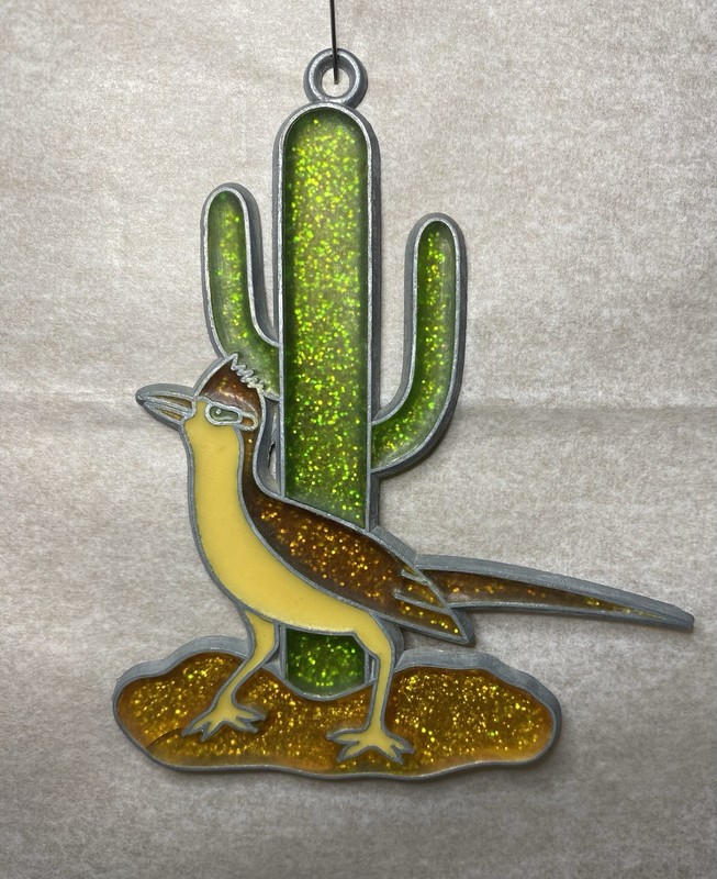 Vintage Sun catcher. Roadrunner, Cactus. Has Glitter Mixed In. 4.5”