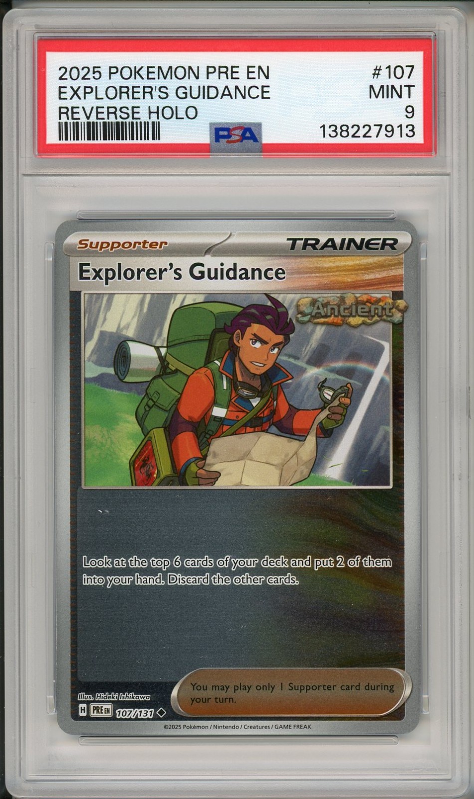 2025 Pokemon Prismatic Evolutions Explorer's Guidance Reverse Holo #107 PSA 9