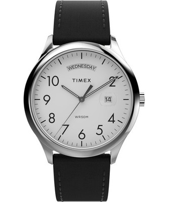 Timex Herren Easy Reader 40mm Uhr schwarzes Lederband weißes Ziffernblatt silberfarben