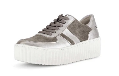 Gabor Fashion Halbschuh Grau Silber Leder Plateau Sneaker Schnürschuh Einlage