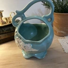 Vintage Green Weller Pottery Vase w Periwinkle Flowers Basket Pot w Handle