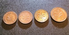 1 Pfennigm&uuml;nzen 1968 J, 1975 D, 1986 F und 2 Pfennig 1993 J