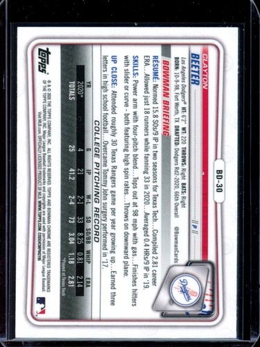 2020 1st Bowman Draft Chrome ~ Clayton Beeter ~ #BD-30 ~ Los Angeles Dodgers - Picture 2 of 2