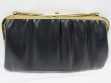 Vintage Purse Mid Century Black Leather Gold Toned Bar Clasp Clutch Handbag