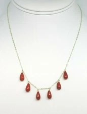 14k Yellow Gold Fill Chain Necklace with Genuine Red Coral Teardrops 18"