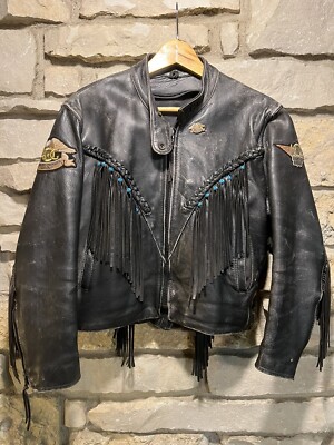 Vintage Harley Davidson Patch Leather Jacket Fringe Beads Womens Size S Look !