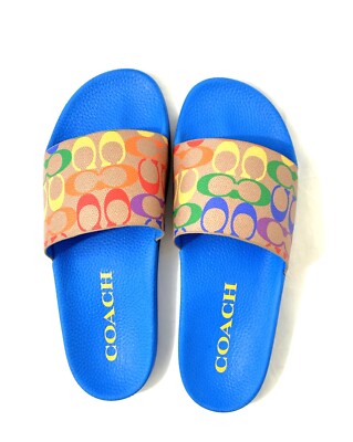 New COACH Signature X Rainbow Pride Slides Blue Signature