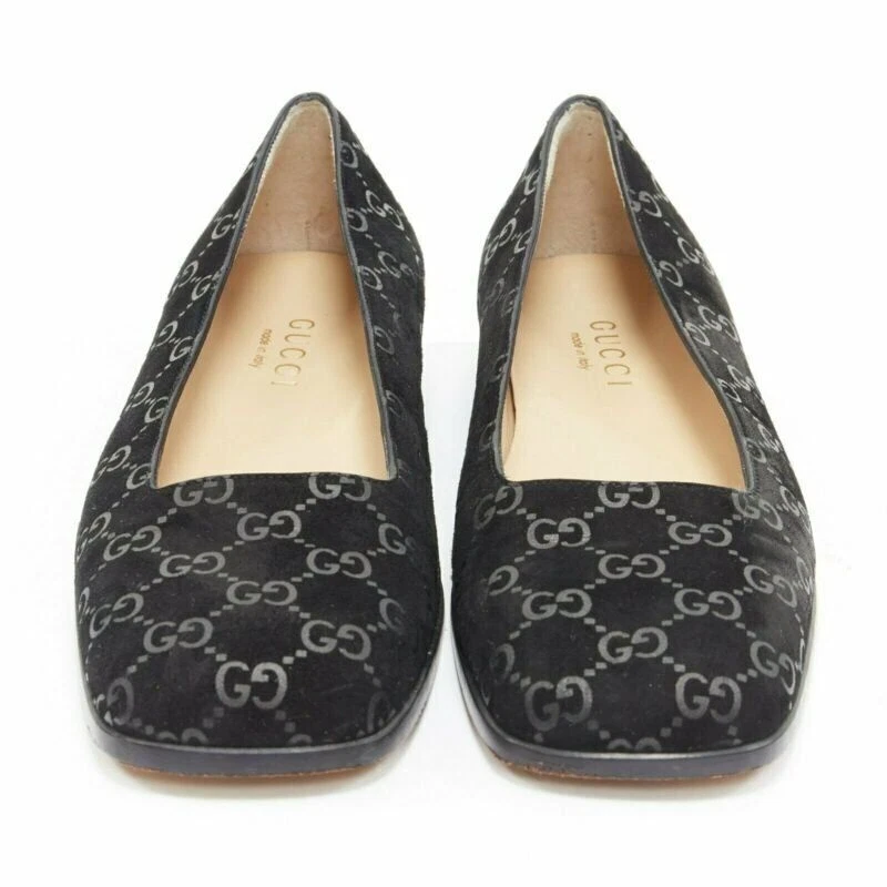 mocassin vintage GUCCI noir imprimé monogramme daim noir bout carré EU36,5C