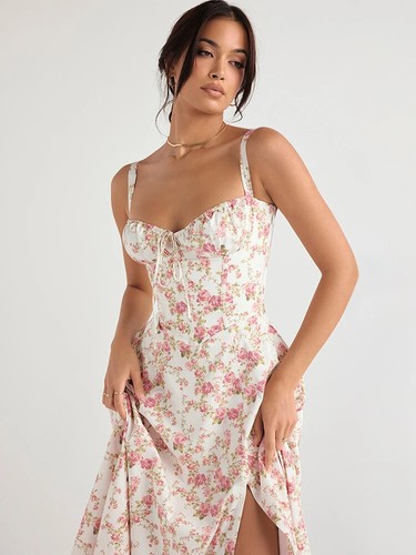 Women's Summer Floral Print Dresses Sweet Dress Casual Slit Blue Lace Up Dress - Picture 19 of 27