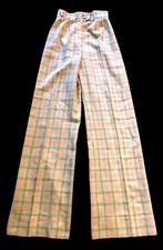VTG High Rise Plaid Pants Ivory Pink Green Pleat Wool 24  Waist X 34  Inseam