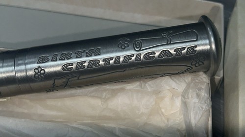 Birth Certificate Holder Engraving Keepsake Tube Stork Baby Gift Pewter - Picture 4 of 10