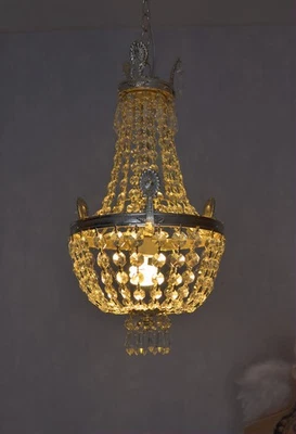 Lustre corbeille plafonnier pampilles verre cristal panier en laiton massif neuf - Photo 1/4
