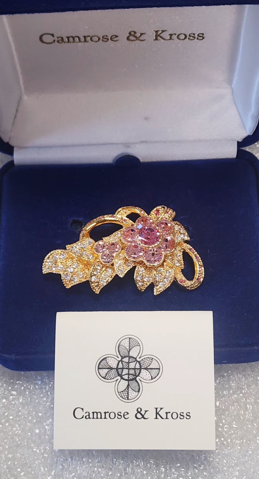 JBK Camrose & Kross Signed Vintage Gold Tone Pink Clear Flower Brooch IOB  C499