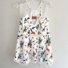 Voom by Joy Han Cami Top Size S Oversized Birds Novelty Print VNeck Tasseled Hem