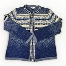 Susan Bristol Wool Nordic Fair Isle Cardigan Sweater Blue White XL