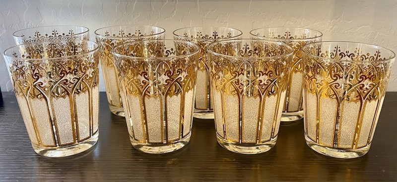 Set of 8 Vintage Rocks Whisky MCM Washington Glasses Gold Barware Pasinski