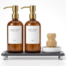 Kitchen Soap Dispenser Set 2 Pack 16oz Amber Glass Dish Soap Hand Soap
