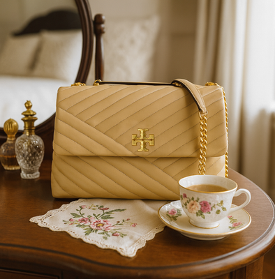 NEW Tory Burch Kira Chevron Desert Dune Beige Convertible Shoulder