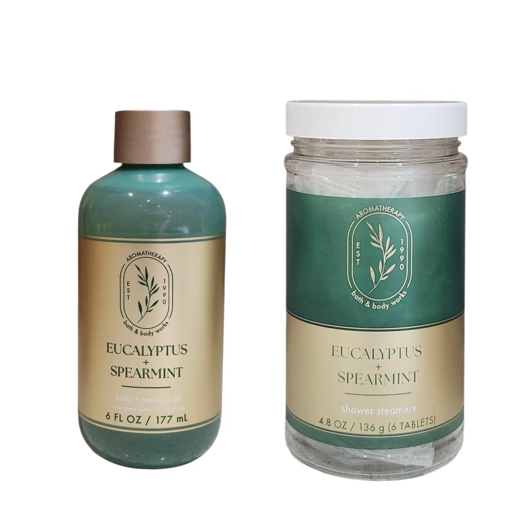 Bath & Body Works EUCALYPTUS SPEARMINT SHOWER STEAMERS 6 Count + Massage Oil