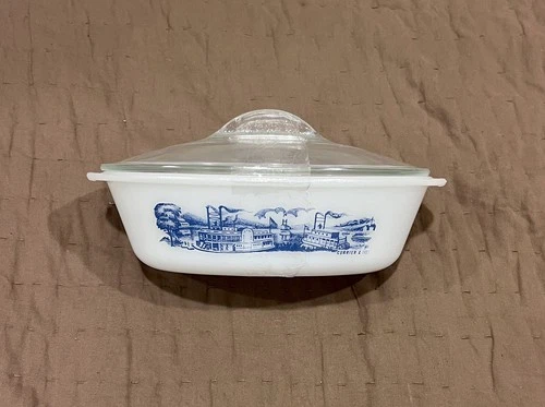 Glasbake Currier Ives Casserole Dish Oval 1 qt VTG 1960s  J-235 with Lid J-2275