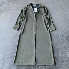 Zara Olive Green Satin Long Sleeve Button Down Midi Shirt Dress size XS NWT